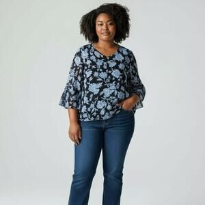 JM Collection Floral Bell Sleeve Blouse NWT Womens Sz 3X Intrepid Blue Chiffon